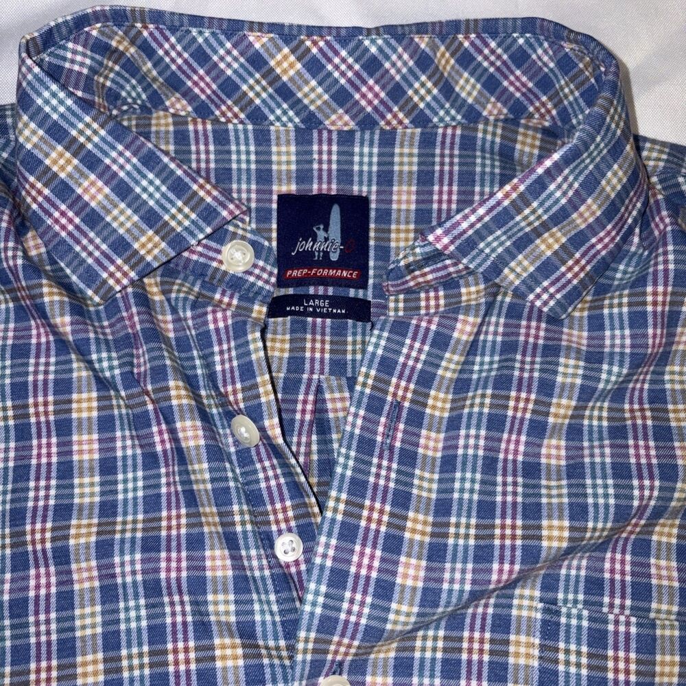 Johnnie O Prep Formance Men’s Long Sleeve Button Down Shirt Plaid Blue Large